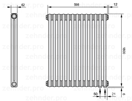 Схема (чертеж) Радиатор Zehnder Charleston 2180/13 №5510 Белый глянцевый RAL 9016